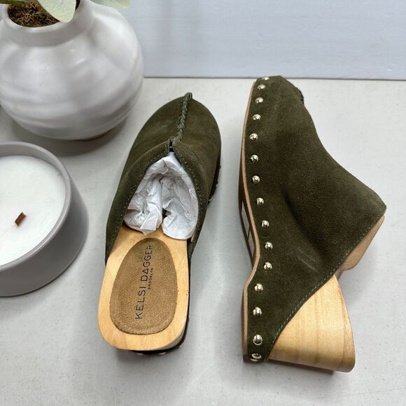 Kelsi Dagger Brooklyn Journal Clogs Suede Mid Heel Olive Women's 6.5 NWB - Picture 9 of 11